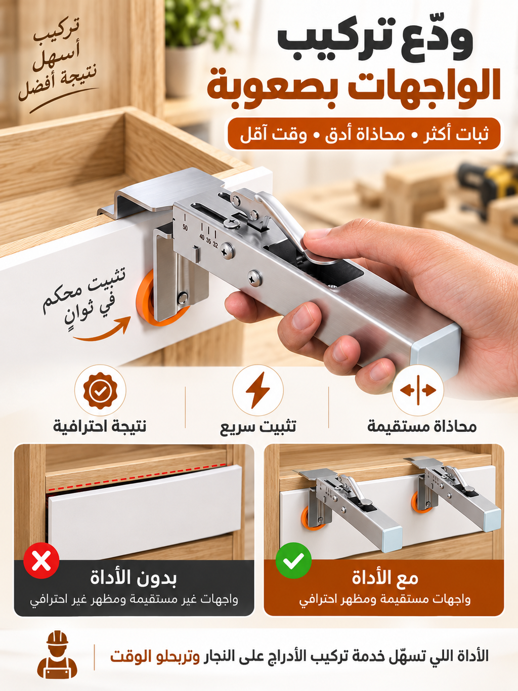 ملزمة تثبيت واجهات الأدراج القابلة للتعديل – ركّب مستقيم ودقيق من أول مرة