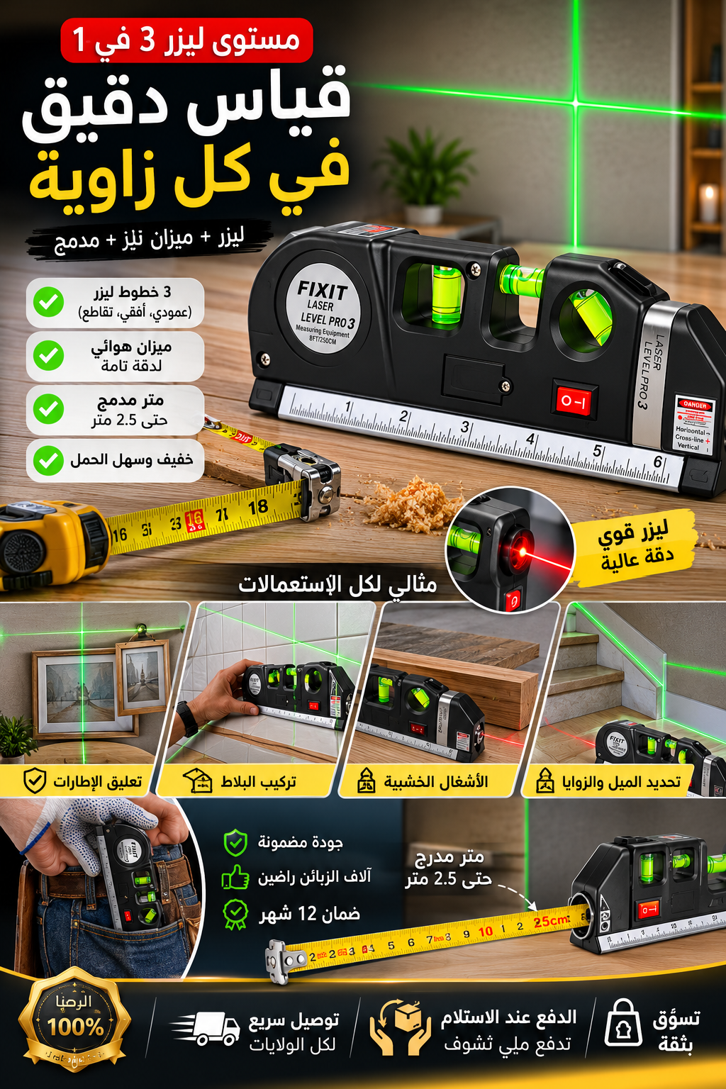 ميزان الليزر 3 في 1 – دقة احترافية مع متر قياس مدمج 2.5 متر